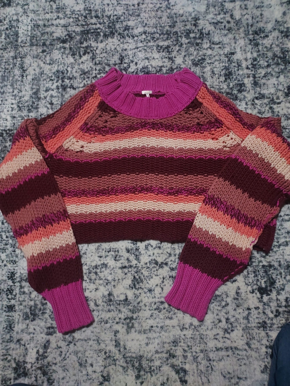 Free People Striped Cropped Knit Sweater in Pink and Burgundy